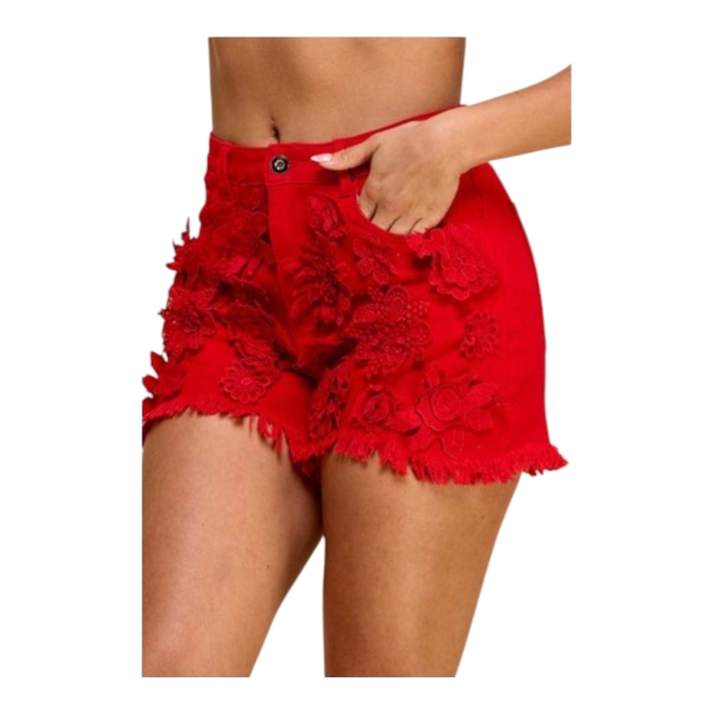Vibrant Red High Waist FLORAL embroidery PATTERN JEANS